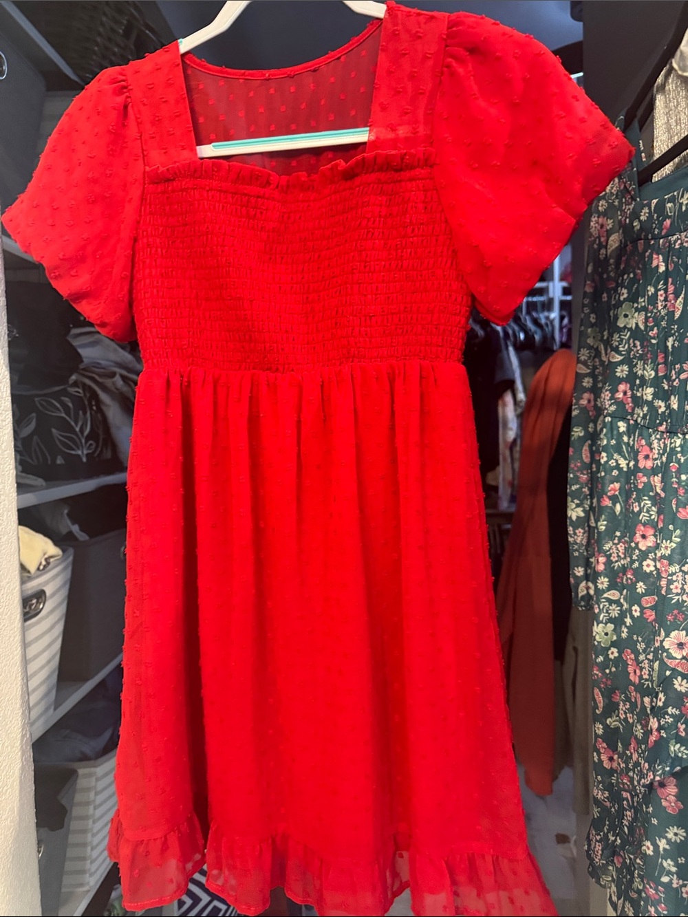 Francesca's Collections Red Swiss Dot Smocked Flutter Dress